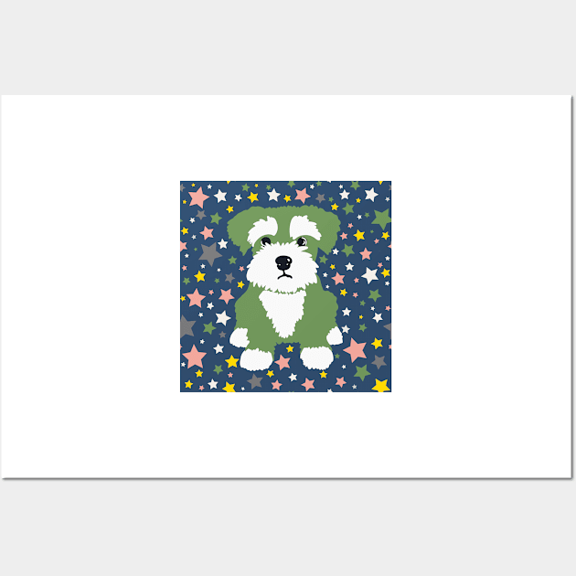 Green Miniature Schnauzer and Stars on Blue Background Wall Art by NattyDesigns